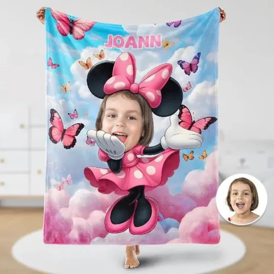 Discover Personalized Minnie Mouse Photo Blanket: Custom Baby Photo & Name Fleece Blanket