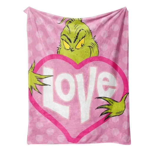Discover funny character Withgrinch Graphic With Love Heart Christmas Cozy Fleece Blanket