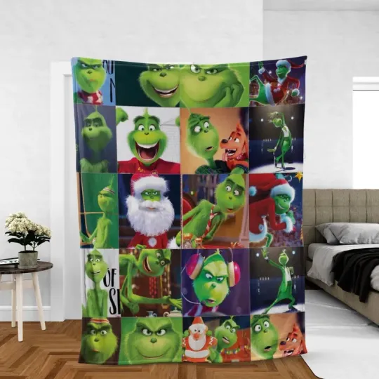 Discover funny character Square Graphics Cute Green Character Christmas Cozy Fleece Blanket