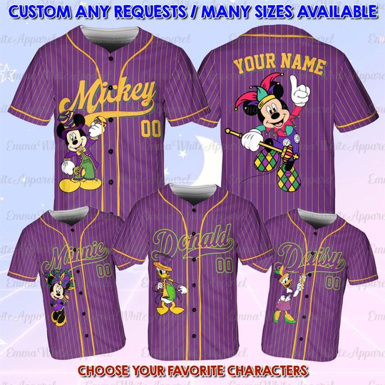 Discover Mickey And Friends Mardi Gras Baseball Jersey, Donald King Cake Festival Shirt, New Orleans Matching Shirt, Disneyland Purple Yellow Jersey