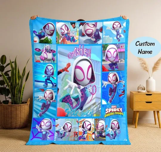 Personalized Name Spider Gwen Blanket, Spiderman Custom Name Fleece Blanket