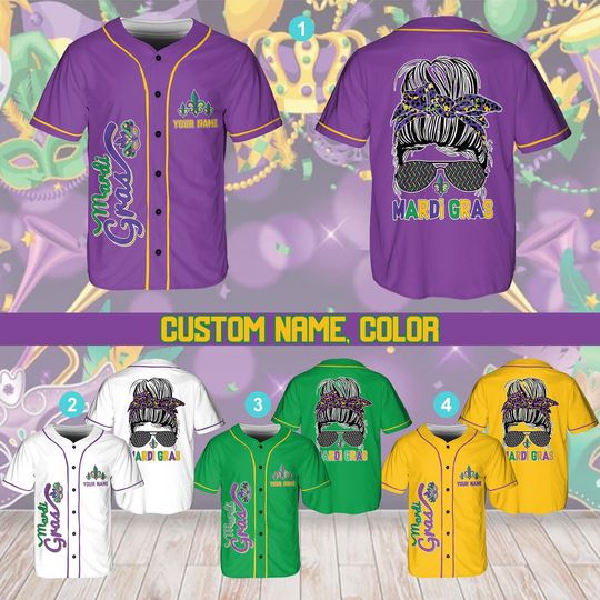 Discover Personalized Mardi Gras Messy Bun Baseball Jersey, Louisiana, Fat Tuesday, Let The Shenanigans Begin, Custom Name Parade Baseball Jersey