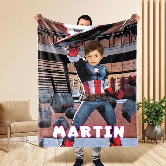 Custom Superhero Captain America Photo Blanket With Cartoon Name Fleece Blanket