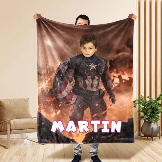 Custom Captain America Blanket Photo Blanket With Cartoon Name Fleece Blanket