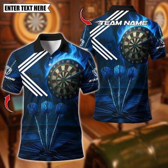 Discover Personalized Name Dart Polo Shirt, Fire Flame Dart Design ,Custom Team Shirt for Men, Gift for Darts Players