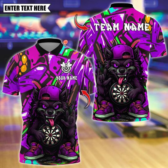 Discover Personalized Name Dart Polo Shirt, Dart Cartoon Wolf Graffiti Multicolor Options Design ,Custom Team Shirt for Men, Gift for Darts Players