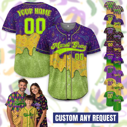 Discover Custom Name And Number Mardi Gras Baseball Jersey for Men Women Youth Kid, Personalized Mardi Gras Oufit Gift For Family Matching