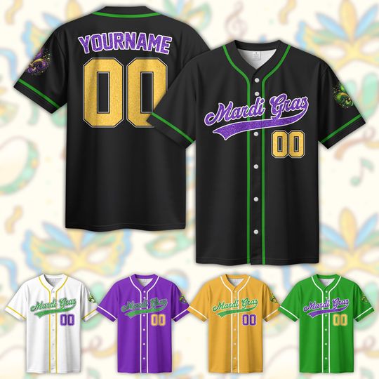 Discover Personalized Mardi Gras Baseball Jersey, Custom Name Mardi Gras Baseball Jersey, Jersey Uniform For Hockey Fans, Family Matching Outfit