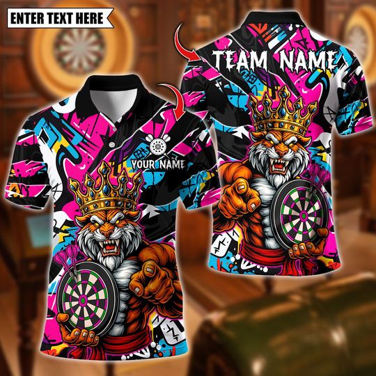 Discover Personalized Name Dart Polo Shirt, Muscle Lion King With Dartboard Design ,Custom Team Shirt for Men, Gift for Darts Players