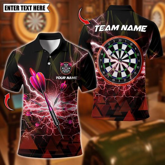 Discover Personalized Name Dart Polo Shirt, Thunder Lightning Dartboard Design ,Custom Team Shirt for Men, Gift for Darts Players