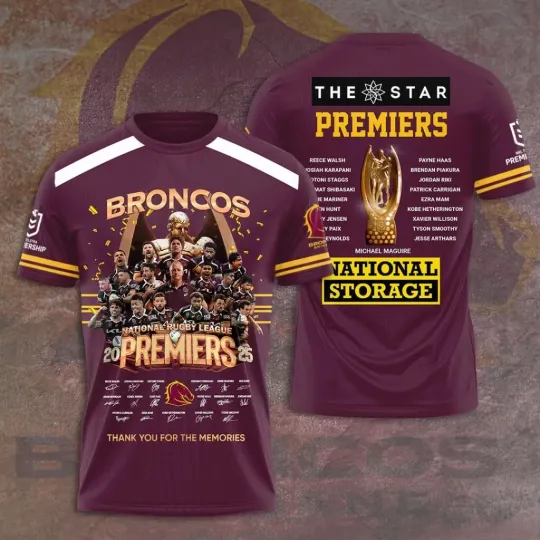 Discover Brisbane Broncos 2025 NRL Premiers 3D T-Shirt