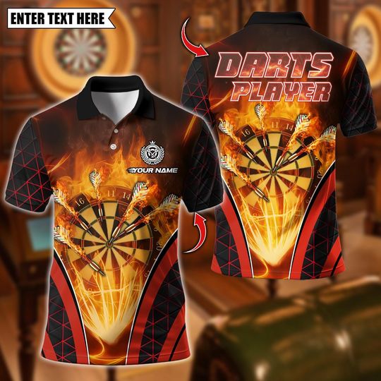 Discover Personalized Name Dart Polo Shirt, Fire Darts  Design ,Custom Team Shirt for Men, Gift for Darts Players