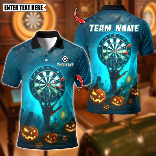 Discover Personalized Name Dart Polo Shirt, Halloween Pumpkin Graveyard With Dartboard Design ,Custom Team Shirt for Men, Gift for Darts Players