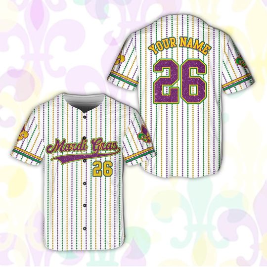 Discover Glitter Mardi Gras Baseball Jersey, Custom Name Louisiana Carnival Costume, 2026 Fat Tuesday Festival Gift, Personalized Bead Jersey