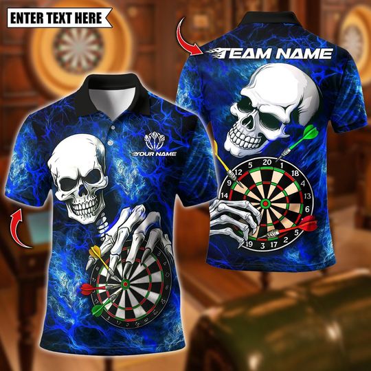 Discover Personalized Name Dart Polo Shirt, Skull Lightning With Dartboard Design ,Custom Team Shirt for Men, Gift for Darts Players