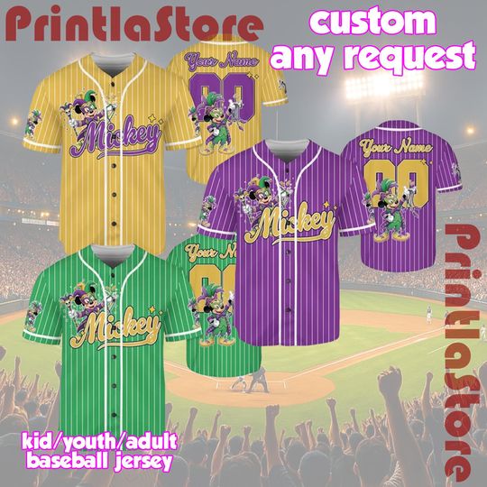 Discover Custom Disney Mickey Mardi Gras Baseball Jersey, Mickey and Friends Festival Shirt, Family Trip Matching Outfit