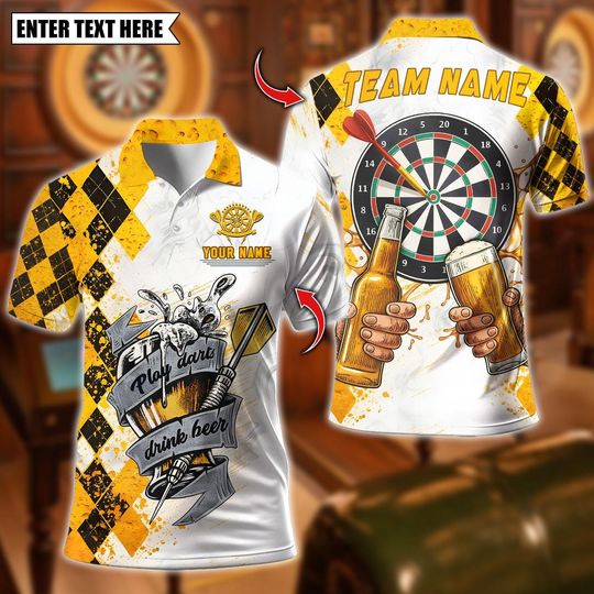 Discover Personalized Name Dart Polo Shirt, Player Darts Drink Beer Design ,Custom Team Shirt for Men, Gift for Darts Players