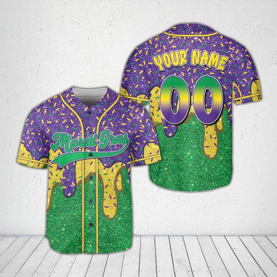 Discover Custom Dripping Mardi Gras Baseball Jersey, Personalized Name Fleur De Lis Jersey, Louisiana Carnival Costume, Fat Tuesday Parade Jersey
