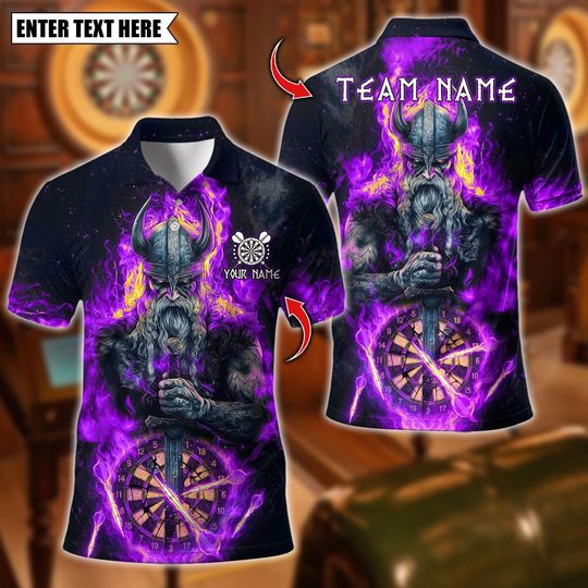 Discover Personalized Name Dart Polo Shirt, Flame Viking Warrior With Dartboard Design ,Custom Team Shirt for Men, Gift for Darts Players