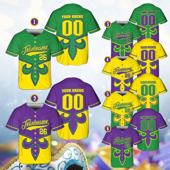 Discover Custom Mardi Gras Fleur De Lis Baseball Jersey, Fat Tuesday Parade Shirt, Personalized Krewe Team Uniform, NOLA Carnival Party Outfit
