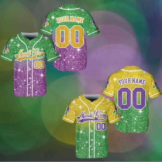 Discover Mardi Gras Baseball Jersey Glitter Effect Custom Name Number Shirt Carnival Parade Outfit Purple Green Gold Personalized Festival Top