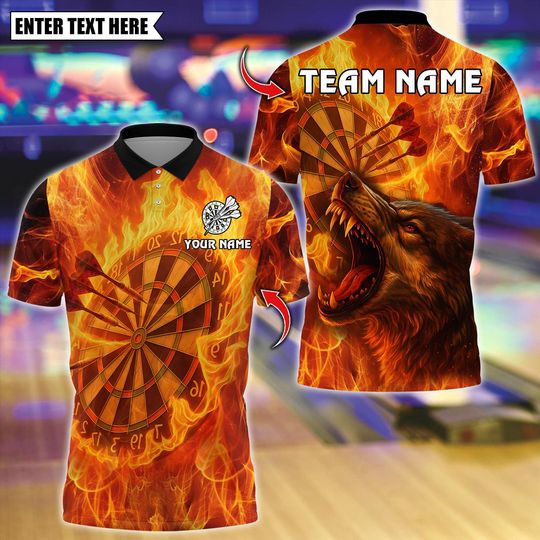 Discover Personalized Name Dart Polo Shirt, Flame Wolf Bullseye With Dartboard Design ,Custom Team Shirt for Men, Gift for Darts Players