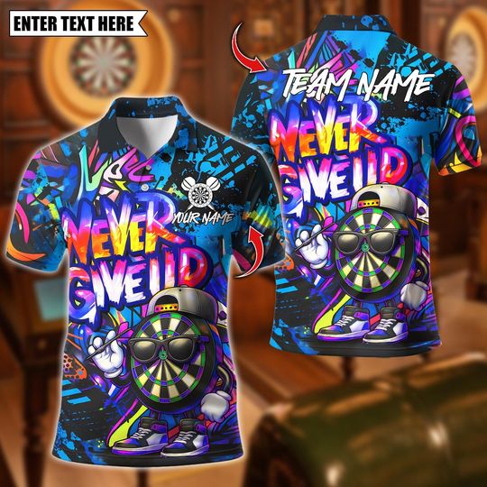 Discover Personalized Name Dart Polo Shirt, Graffiti Darts Funny Never Give Up Design ,Custom Team Shirt for Men, Gift for Darts Players