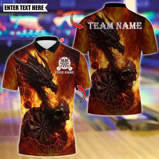 Discover Personalized Name Dart Polo Shirt, Flame Dragon And Skull With Dartboard Design ,Custom Team Shirt for Men, Gift for Darts Players