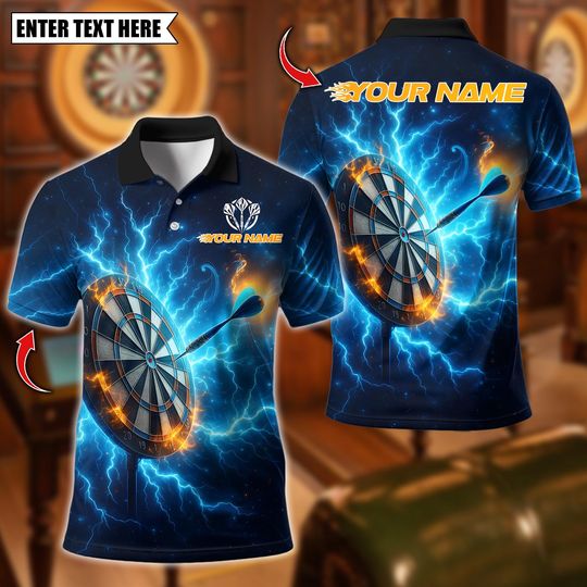 Discover Personalized Name Dart Polo Shirt, Thunder Lightning With Dartboard Design ,Custom Team Shirt for Men, Gift for Darts Players