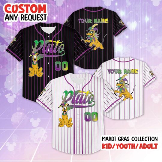 Discover Pluto Mardi Gras Jersey,Mickey & Friends Mardi Gras,WDW Disneyland Baseball Jersey, New Orleans Fleur De Lis Disney Family Mardi Gras Party