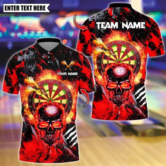 Discover Personalized Name Dart Polo Shirt, Dark Vibes Mystery Flame Skull With Dartboard Design ,Custom Team Shirt for Men, Gift for Darts Players