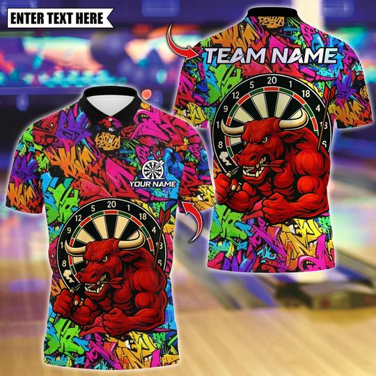 Discover Personalized Name Dart Polo Shirt, Muscle Bull With Dartboard Design ,Custom Team Shirt for Men, Gift for Darts Players