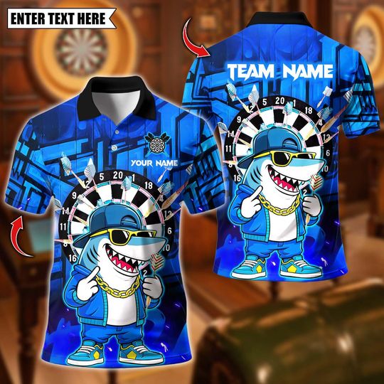 Discover Personalized Name Dart Polo Shirt, Cool Hiphop Shark With Dartboard Design ,Custom Team Shirt for Men, Gift for Darts Players