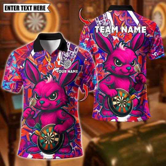 Discover Personalized Name Dart Polo Shirt, Cool Bunny With Dartboard Design ,Custom Team Shirt for Men, Gift for Darts Players