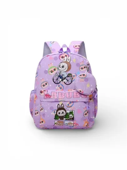 Discover Purple Cartoon Print Kids Backpack Adjustable Strap Polyester School