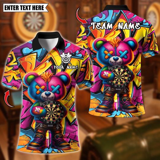 Discover Personalized Name Dart Polo Shirt, Graffiti Halloween Bear With Dartboard Design ,Custom Team Shirt for Men, Gift for Darts Players