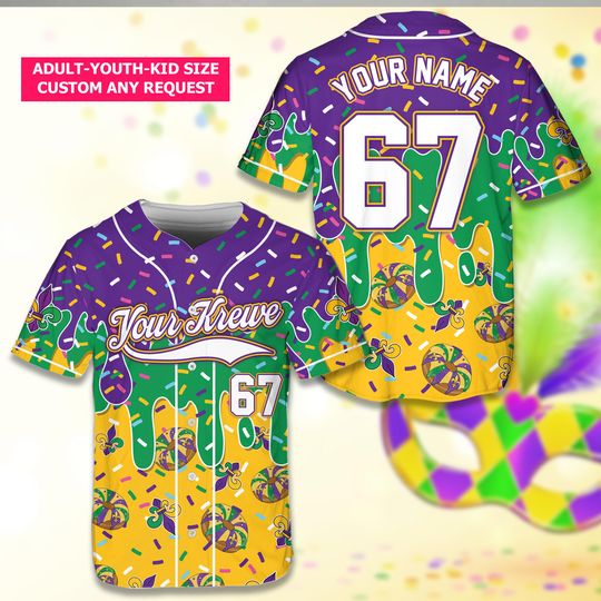 Discover Personalized Name Mardi Gras Drip Baseball Jersey, Custom Sprinkles Ice Cream Fleur De Lis Jersey, Mardi Gras Festival Outfit For Krewes