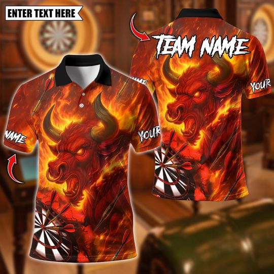 Discover Personalized Name Dart Polo Shirt, Flame Bull With Fire Dartboard Design ,Custom Team Shirt for Men, Gift for Darts Players