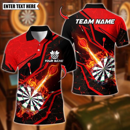Discover Personalized Name Dart Polo Shirt, Flame With Dartboard Design ,Custom Team Shirt for Men, Gift for Darts Players