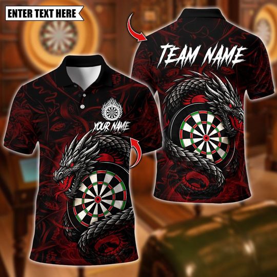 Discover Personalized Name Dart Polo Shirt, Darts Custom Black And Blue Flame Dragon Design ,Custom Team Shirt for Men, Gift for Darts Players