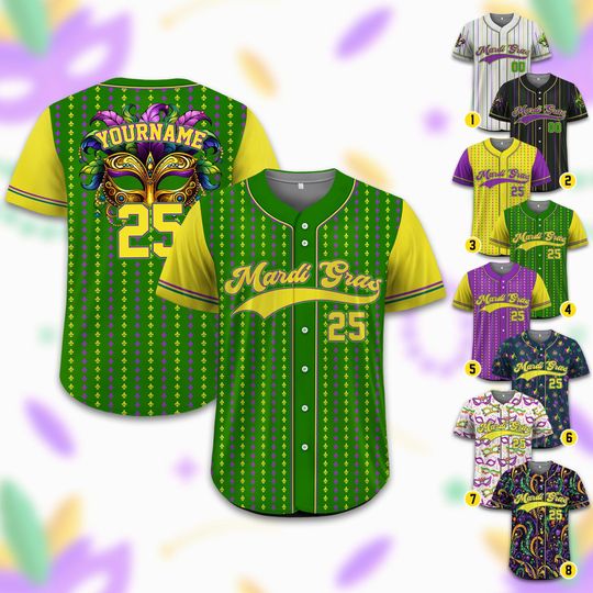 Discover Personalized Mardi Gras Baseball Jersey for Kid Adult, Custom Name Mardi Gras Carnival Jersey, Mardi Gras Outfit, Holiday Family Matching