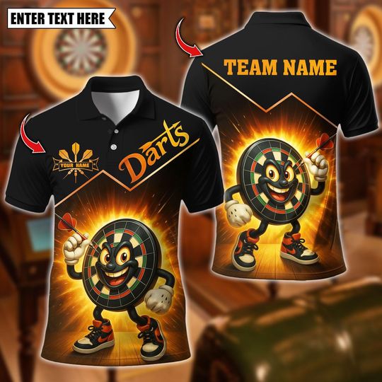 Discover Personalized Name Dart Polo Shirt, Dartboard Cartoon Design ,Custom Team Shirt for Men, Gift for Darts Players