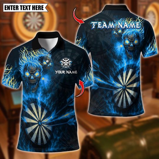 Discover Personalized Name Dart Polo Shirt, Flame Skull With Dartboard Design ,Custom Team Shirt for Men, Gift for Darts Players