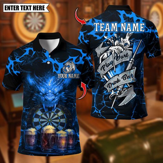 Discover Personalized Name Dart Polo Shirt, Beer Dragon With Dartboard Design ,Custom Team Shirt for Men, Gift for Darts Players