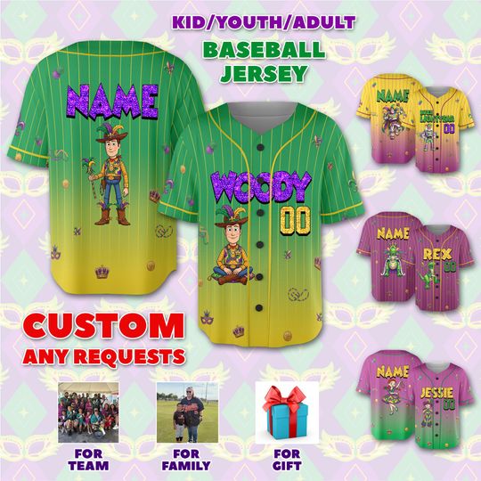 Discover Personalized Mardi Gras Baseball Jersey, Personalized Mardi Gras Outfit, Custom Cartoon Baseball Jersey, New Orleans Trip Jersey