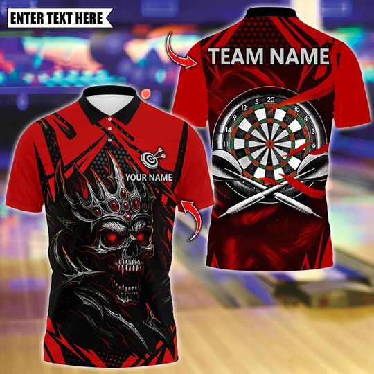 Discover Personalized Name Dart Polo Shirt, Dark Vibes Mystery Skull With Dartboard Design ,Custom Team Shirt for Men, Gift for Darts Players