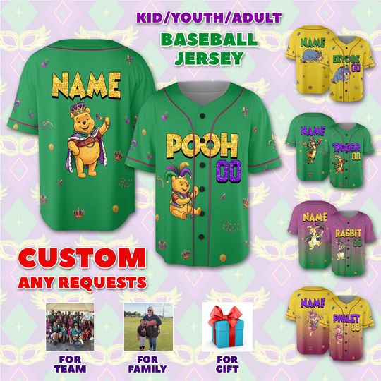 Discover Personalized Mardi Gras Baseball Jersey, Personalized Mardi Gras Outfit, Custom Cartoon Baseball Jersey, New Orleans Trip Jersey