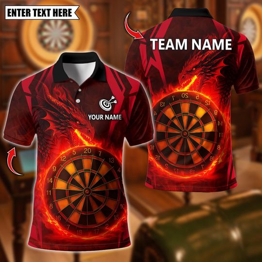 Discover Personalized Name Dart Polo Shirt, Dragon With Flame Dartboard Design ,Custom Team Shirt for Men, Gift for Darts Players
