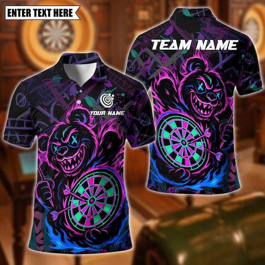 Discover Personalized Name Dart Polo Shirt, Wild Bear With Dartboard Design ,Custom Team Shirt for Men, Gift for Darts Players
