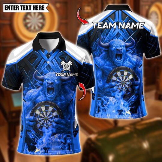 Discover Personalized Name Dart Polo Shirt, Fire Bull Darts Design ,Custom Team Shirt for Men, Gift for Darts Players